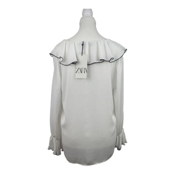 Zara Women's White Black Trim Blouse Peasant Ruffle Frill Boho - Small - Picture 4 of 11